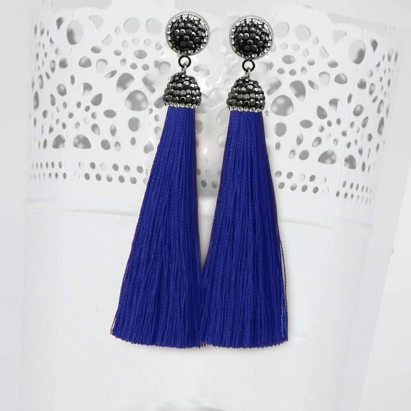Jeweljunk Rhodium Plated  Stone & Blue Thread Tassel Earrings - 1310933J