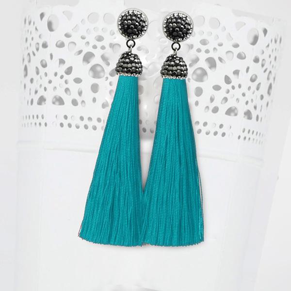 Jeweljunk Stone & Blue Thread Rhodium Plated Tassel Earring - 1310933M