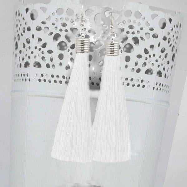Jeweljunk White Thread Rhodium Plated Tassel Earrings - 1310935E