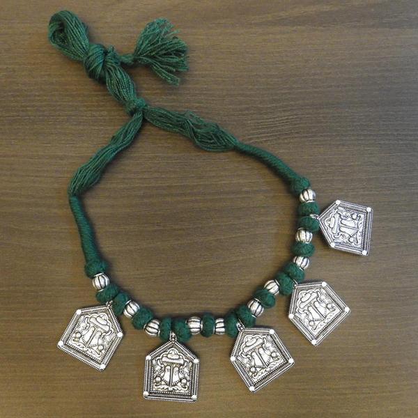 Jeweljunk Green Thread Silver Plated Tribal Necklace - 1111503H