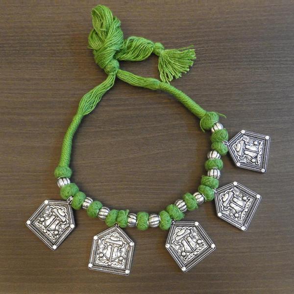 Jeweljunk Silver Plated Green Thread Tribal Necklace - 1111503J