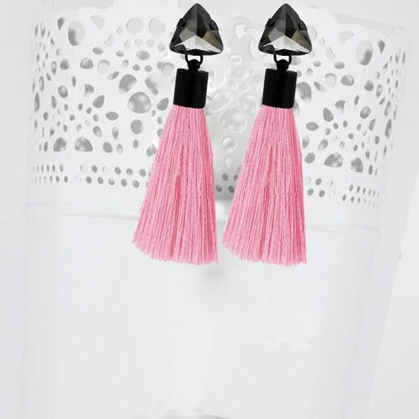 Jeweljunk Oxidised Plated Glass Stone Pink Thread Earrings - 1310931D