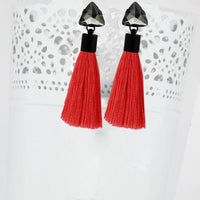 Jeweljunk Oxidised Plated Glass Stone Red Thread Tassel Earrings - 1310931E