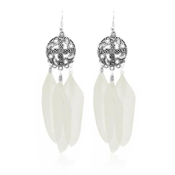 Jeweljunk Rhodium Plated White Feather Earrings - 1310938F