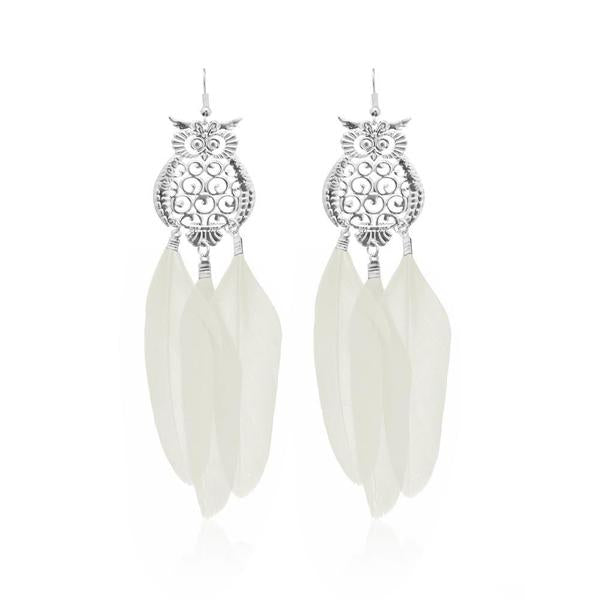 Jeweljunk Rhodium Plated White Owl Feather Earrings - 1310941F