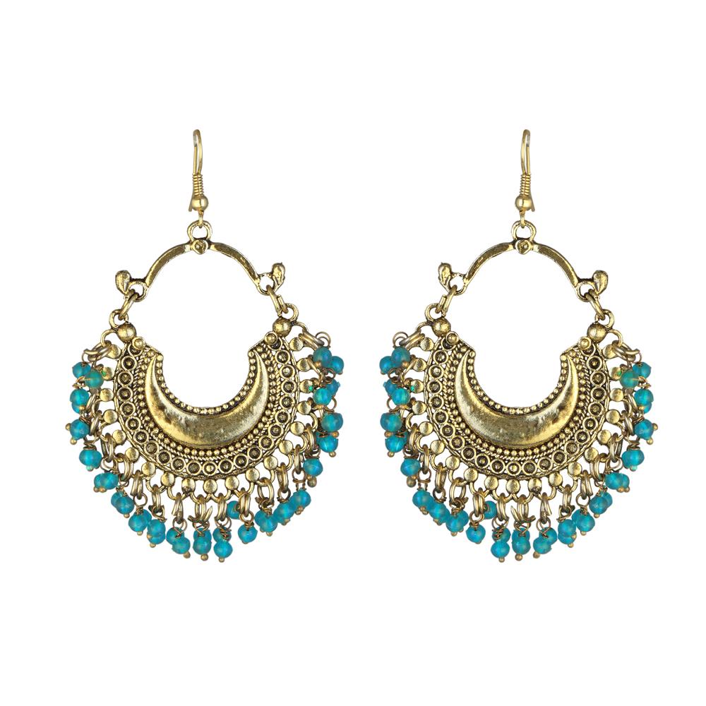 Jeweljunk Gold Plated Blue Beads Afghani Dangler Earrings - 1311001U