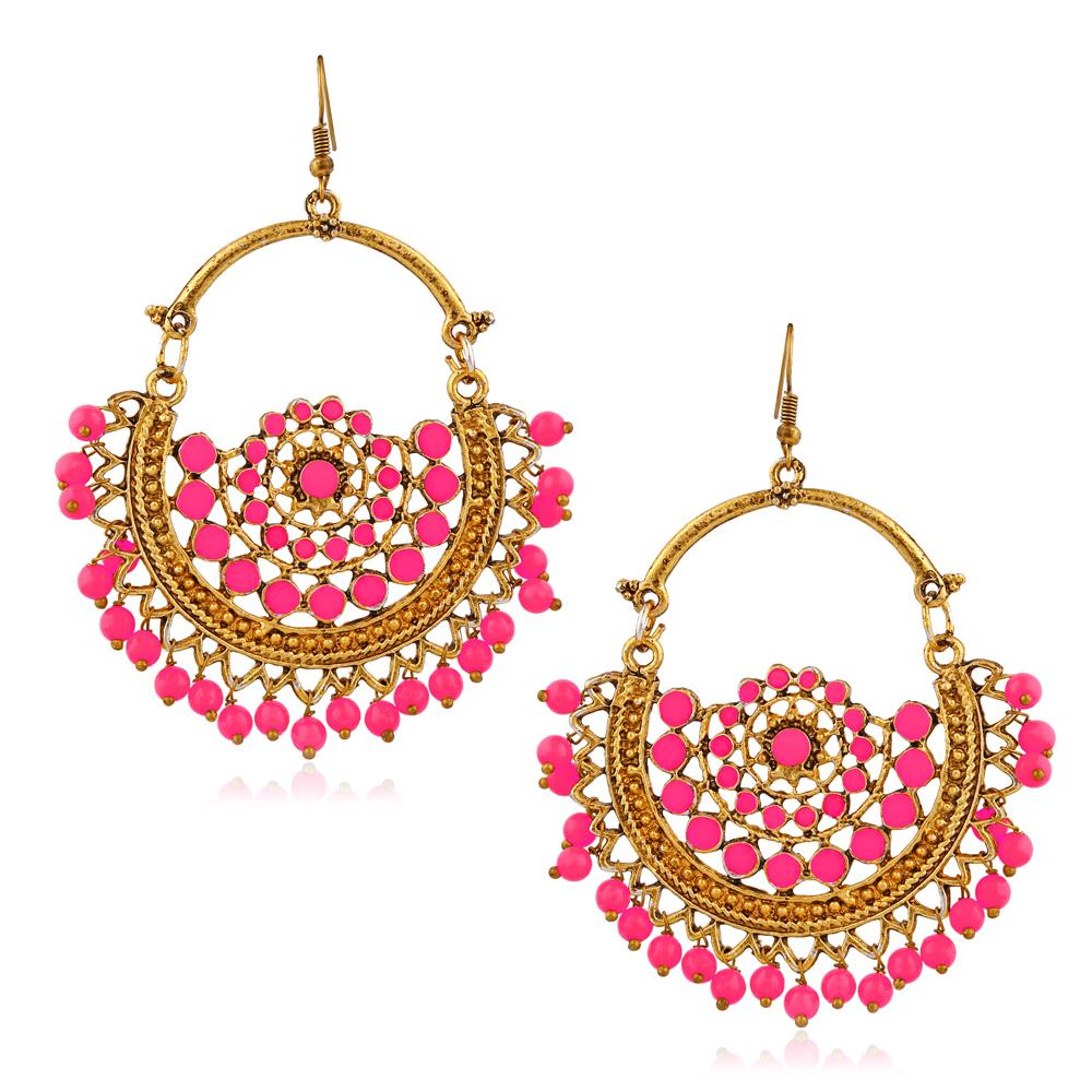 Jeweljunk Gold Plated Pink Beads Afghani Earrings - 1311027C