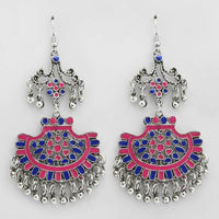 Jeweljunk Pink & Blue Silver Plated Meenakari Afghani Earrings - 1311074C