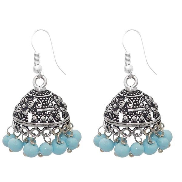 Jeweljunk Blue Beads Rhodium Plated Jhumki Earrings - 1309004B