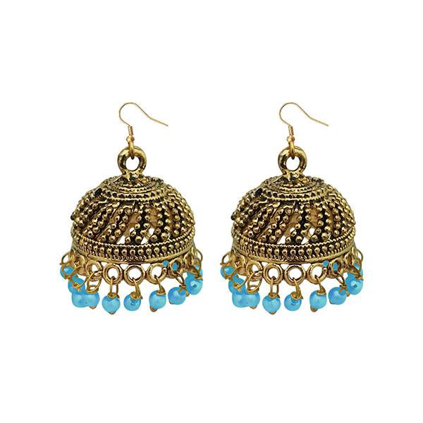 Jeweljunk Blue Beads Antique Gold Plated Jhumki Earrings - 1309339C