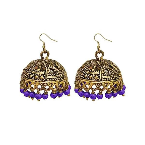 Jeweljunk Purple Beads Antique Gold Plated Jhumki Earrings - 1309340B