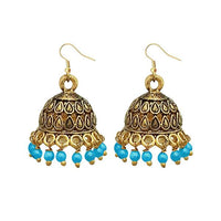 Jeweljunk Blue Beads Antique Gold Plated Jhumki Earrings - 1309341C