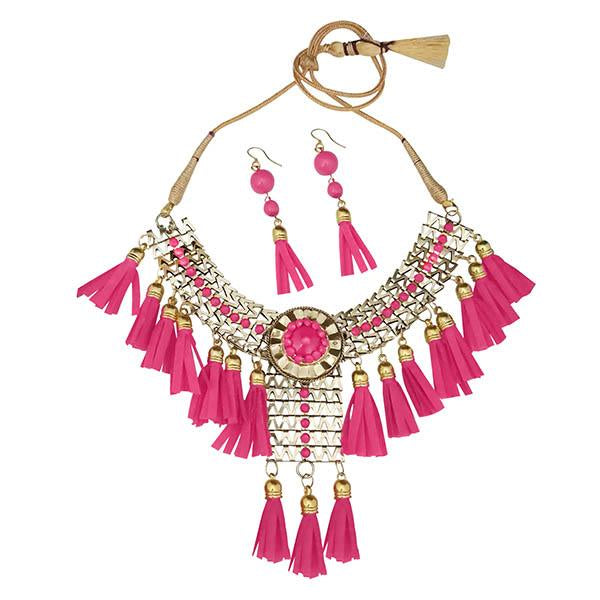 Jeweljunk Pink Thread Gold Plated Statement Necklace - 1106630D