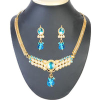 Tip Top Fashions Blue Kundan Pearl Gold Plated Necklace Set - 1101006