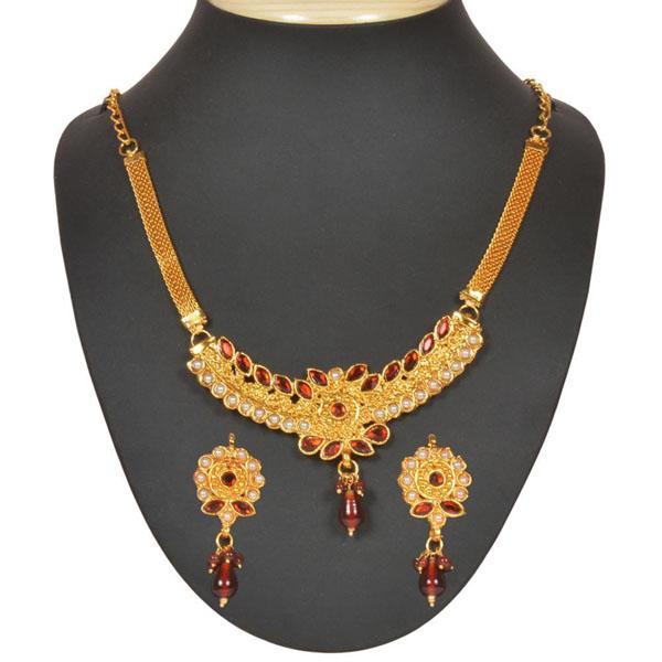 The99jewel Maroon Kundan Gold Plated Necklace Set  - 1101016