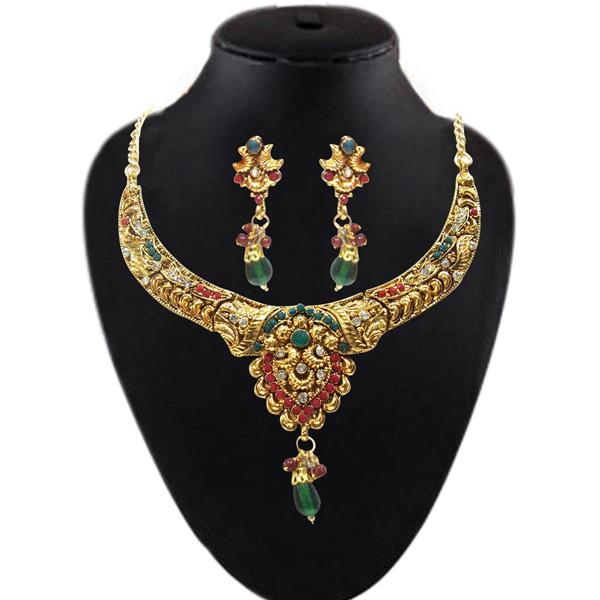Soha Fashion Green & Red Pota Stone Necklace Set