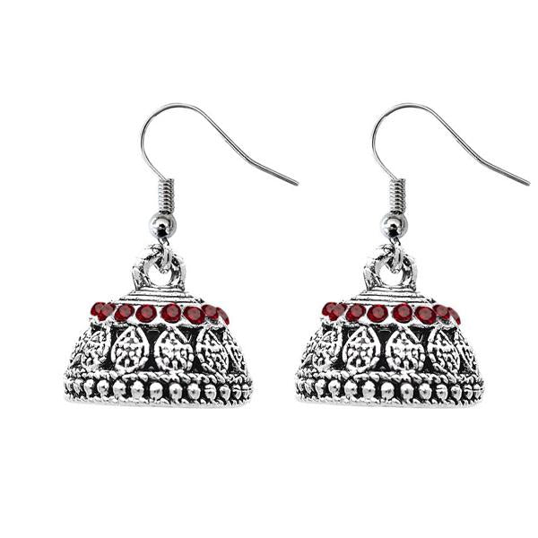 JewelEthnic Red Austrian Stone Rhodium Plated Jhumki - 1307507A