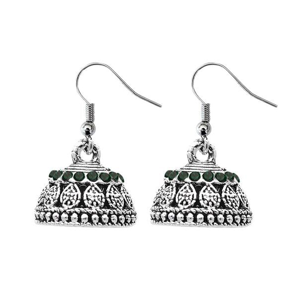 JewelEthnic Green Austrian Stone Rhodium Plated Jhumki - 1307507B