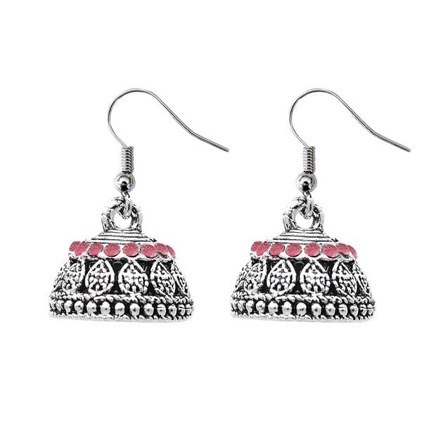 JewelEthnic Pink Austrian Stone Rhodium Plated Jhumki - 1307507D