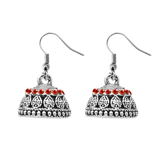 JewelEthnic Red Austrian Stone Rhodium Plated Jhumki - 1307507J