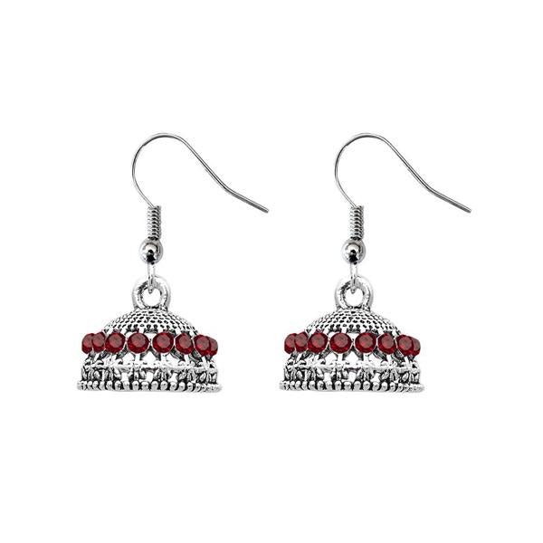 JewelEthnic Maroon Austrian Stone Rhodium Plated Jhumki - 1307508B