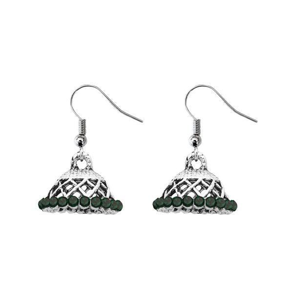 JewelEthnic Green Austrian Stone Rhodium Plated Jhumki - 1307509G