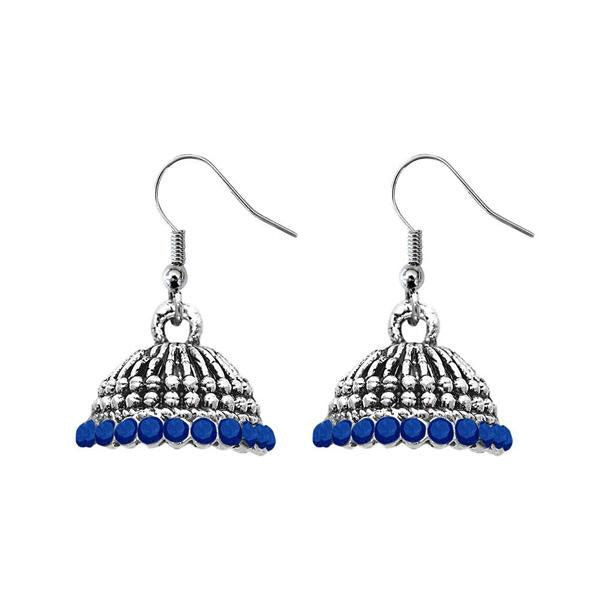 JewelEthnic Blue Austrian Stone Rhodium Plated Jhumki - 1307510A