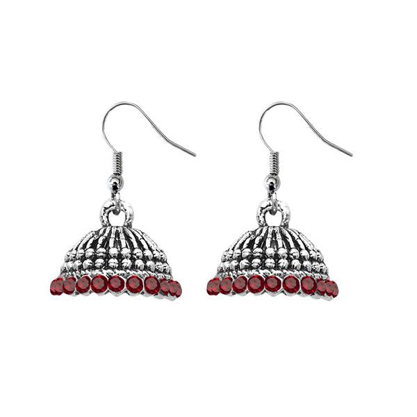 JewelEthnic Maroon Austrian Stone Rhodium Plated Jhumki - 1307510B