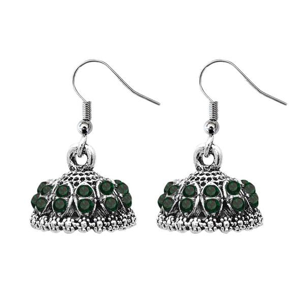 JewelEthnic Green Austrian Stone Rhodium Plated Jhumki - 1307511H