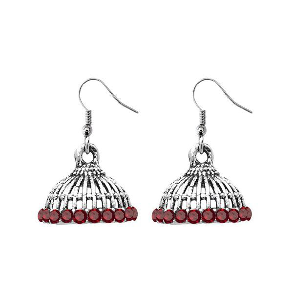 JewelEthnic Maroon Austrian Stone Rhodium Plated Jhumki - 1307512D