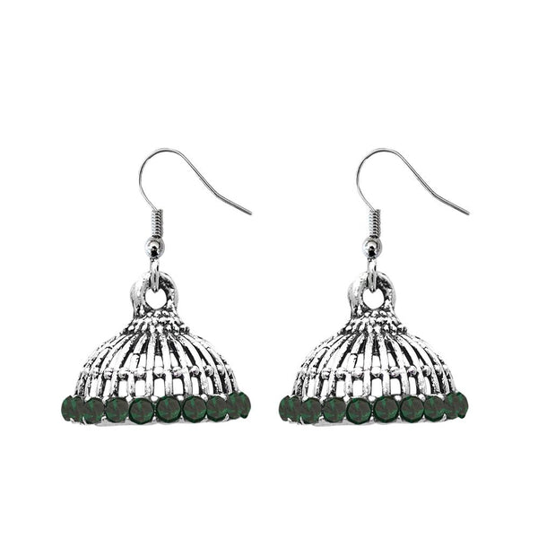 JewelEthnic Green Austrian Stone Rhodium Plated Jhumki - 1307512G