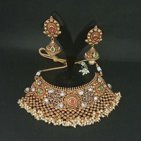 Real Creation AD Stone Kundan Choker Copper Necklace Set - FBB0195