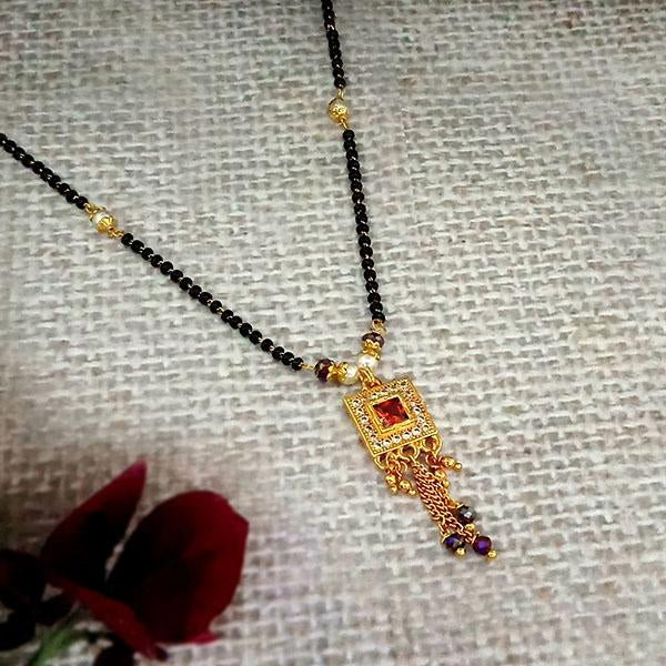 Kriaa Maroon And White Austrian Stone And Black Beads Gold Plated Mangalsutra