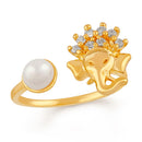 Mahi Vignaharta Ganesh Adjustable White Alloy Finger Ring With Cz Stones And Artificial Pearl