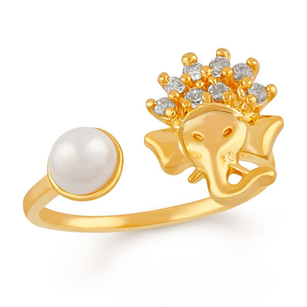 Mahi Vignaharta Ganesh Adjustable White Alloy Finger Ring With Cz Stones And Artificial Pearl