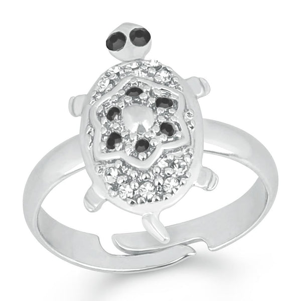 Mahi Rhodium Plated Tortoise Love Designer Unisex Finger Ring With Crystal Stone