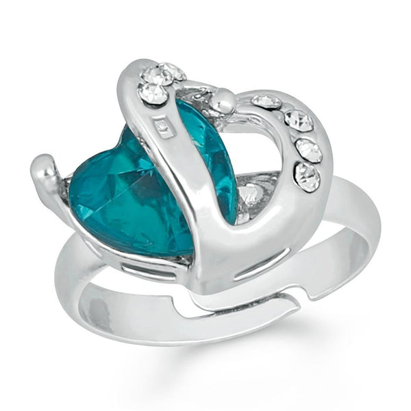 Mahi Rhodium Plated Dual Heart Love Finger Ring With Crystal Stone