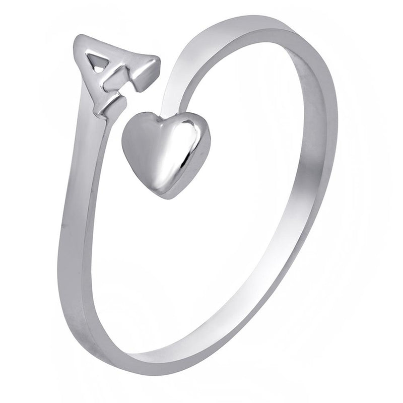 Bhavi Jewels Rhodium Plated 'A' Initial and Heart Adjustable Finger Ring for Women