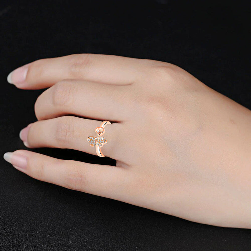 Mahi Tripple Heart Rosegold Plated Adjustable Finger Ring with Crystal for Women (FR1103129ZWhi)