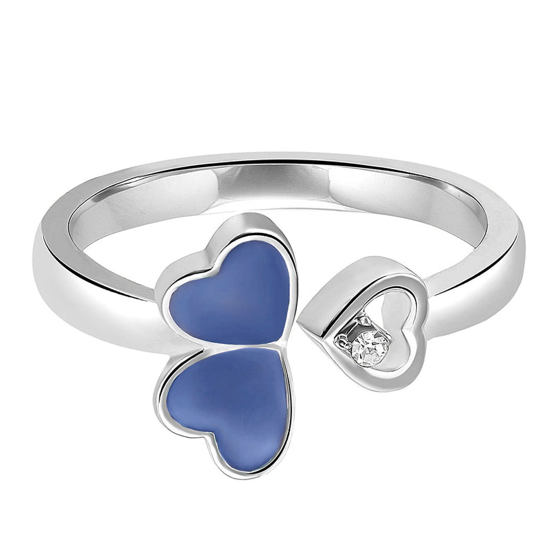 Mahi Tripple Heart Blue Meena Work Silver Color Adjustable Finger Ring for Women (FR1103131RBlu)