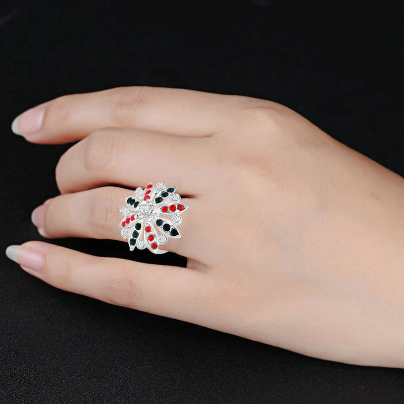 Mahi Floral Look Adjustable Finger Ring with Red, Green Artificial Pearl & Crystal for Women (FR1103192RGreRed)