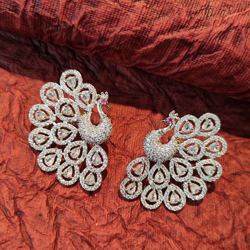 Heera Jewellers Silver Plated Peacock Design American Diamond Earrings