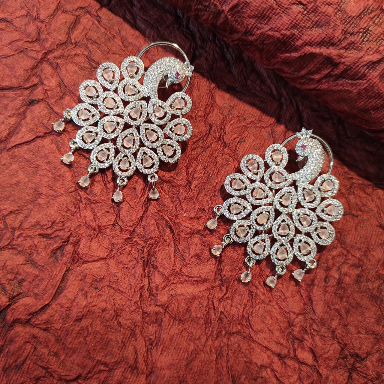 Heera Jewellers Silver Plated Peacock Design American Diamond Earrings