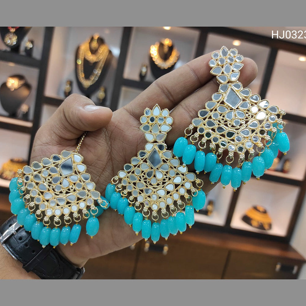 Heera Jewellers Gold Plated Mirror & Beads Earrings With Maang tikka