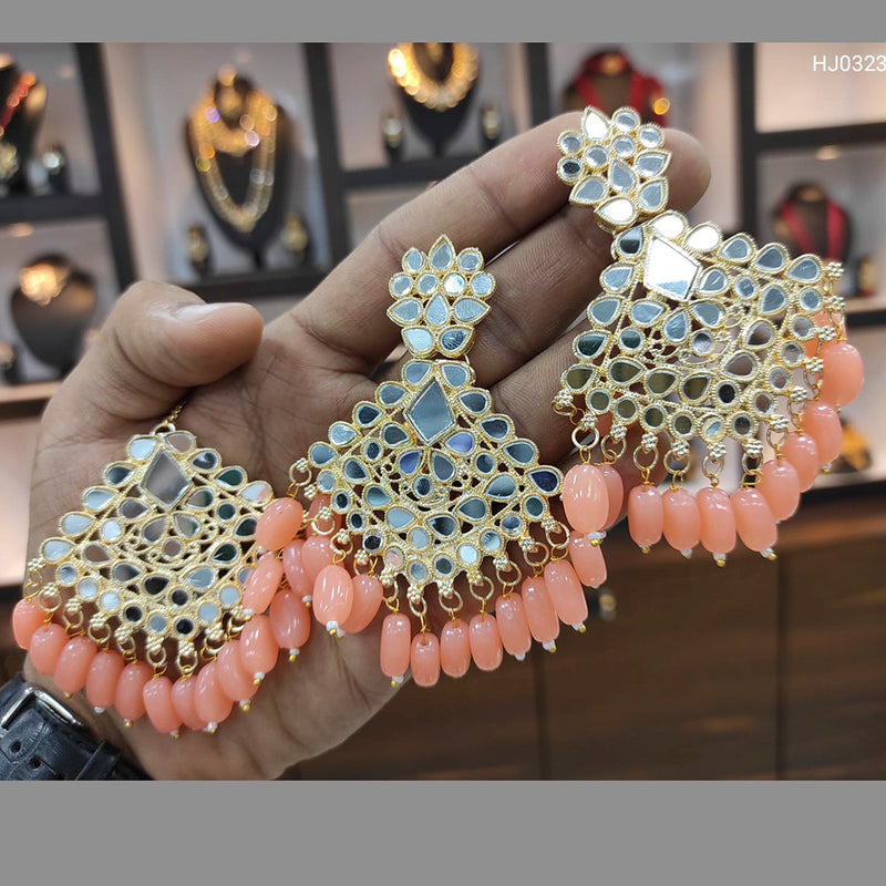 Heera Jewellers Gold Plated Mirror & Beads Earrings With Maang tikka