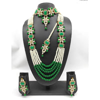 Heera Jewellers Gold Plated Kundan & Pearl Long & Short Double Necklace Set With Maangtikka