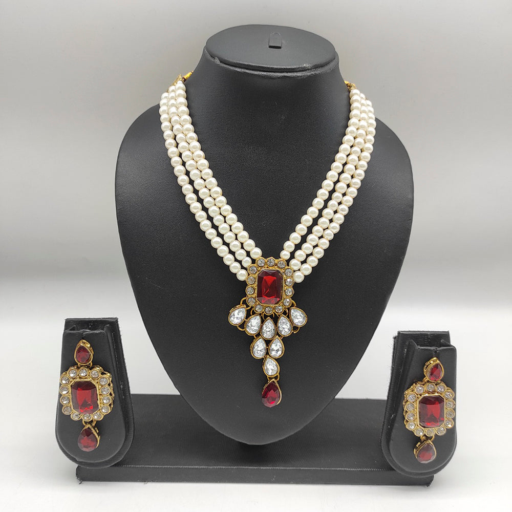 Heera Jewellers Gold Plated Crystal Stone & Pearl Long Haram Necklace Set