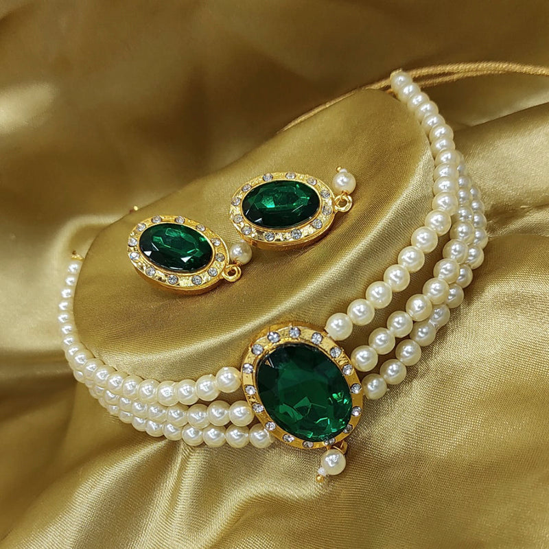 Heera Jewellers Gold Plated Austrian Stone & Crystal Pearl Choker Necklace Set