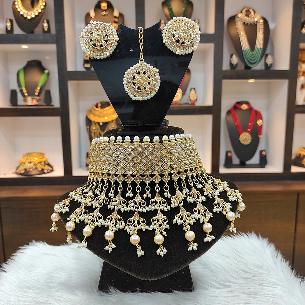 Heera Jewellers Gold Plated Kundan Stone & Beads  Choker Necklace Set