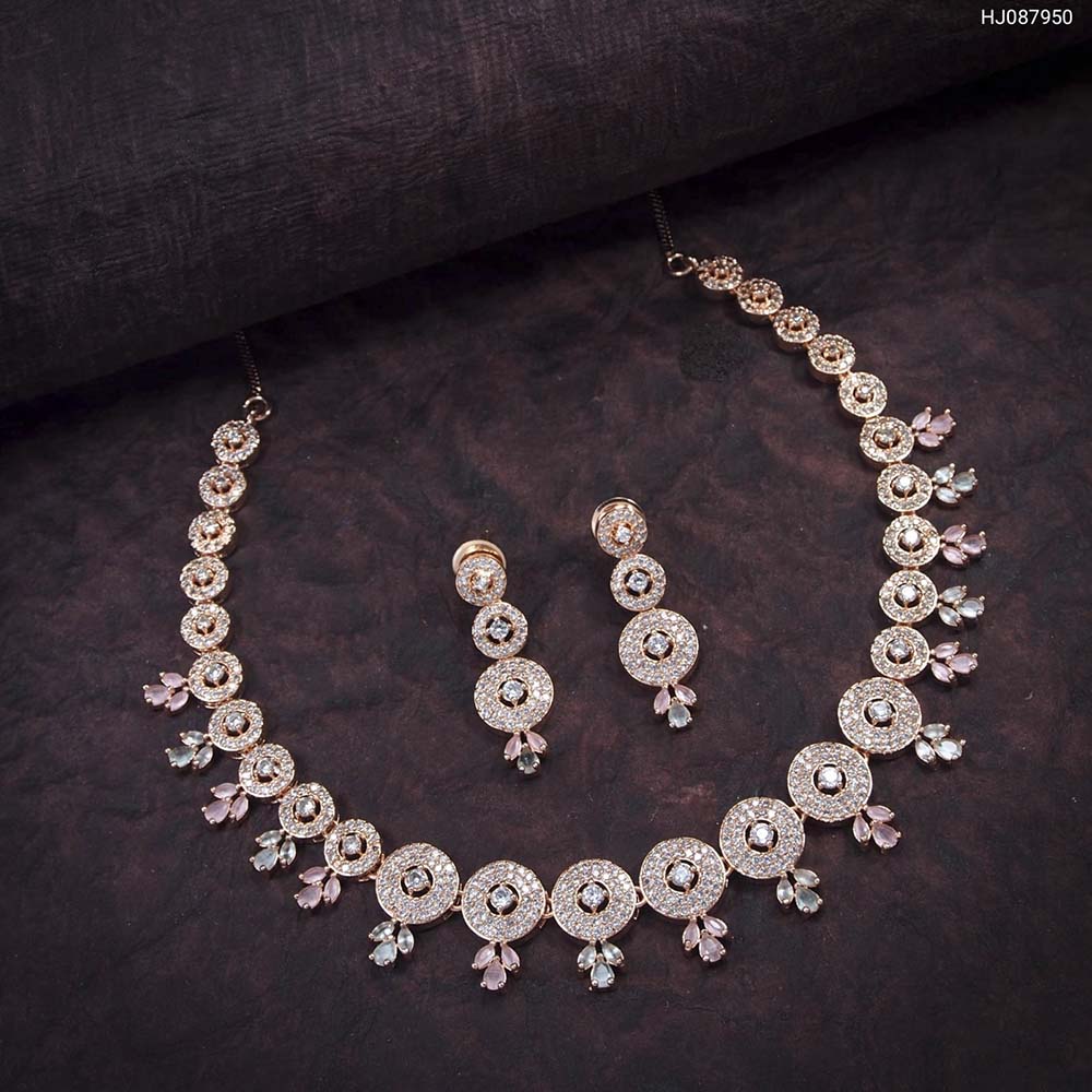 Heera Jewellers Rose Gold Plated American Diamond Necklace Set